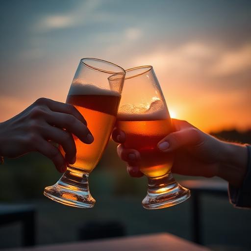 Beer glasses at sunset
